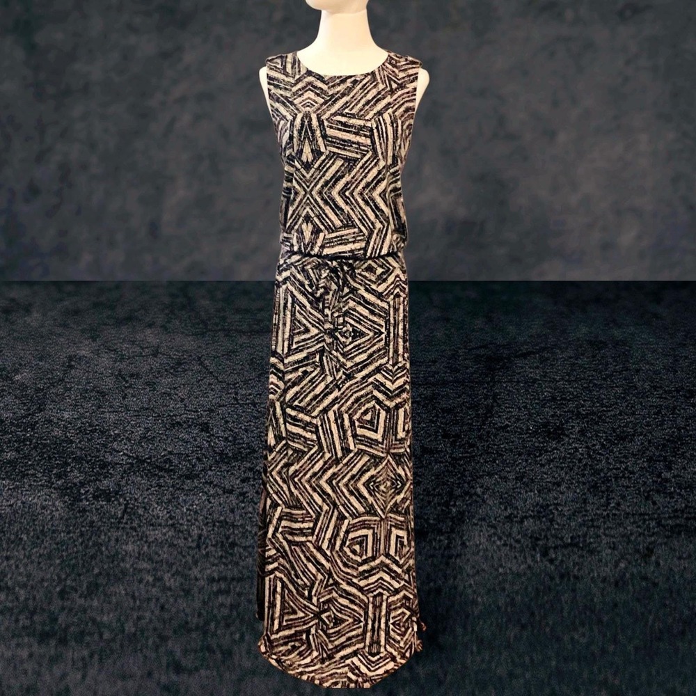 Calvin Klein Black Geometric Chevron Cinched Waist Maxi Dress Sleeveless Blouson